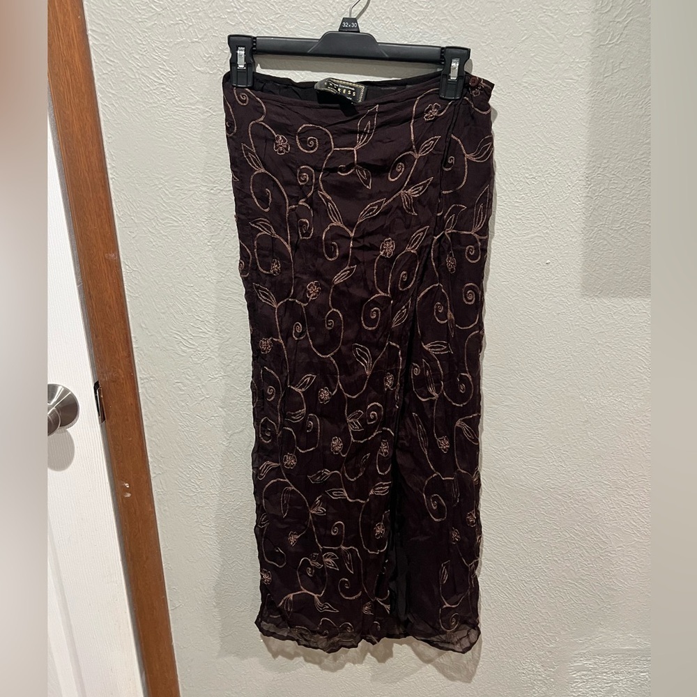 Embroidered Floral Maxi Skirt in Deep Brown Y2K Grunge 100% Silk EUC Beaded